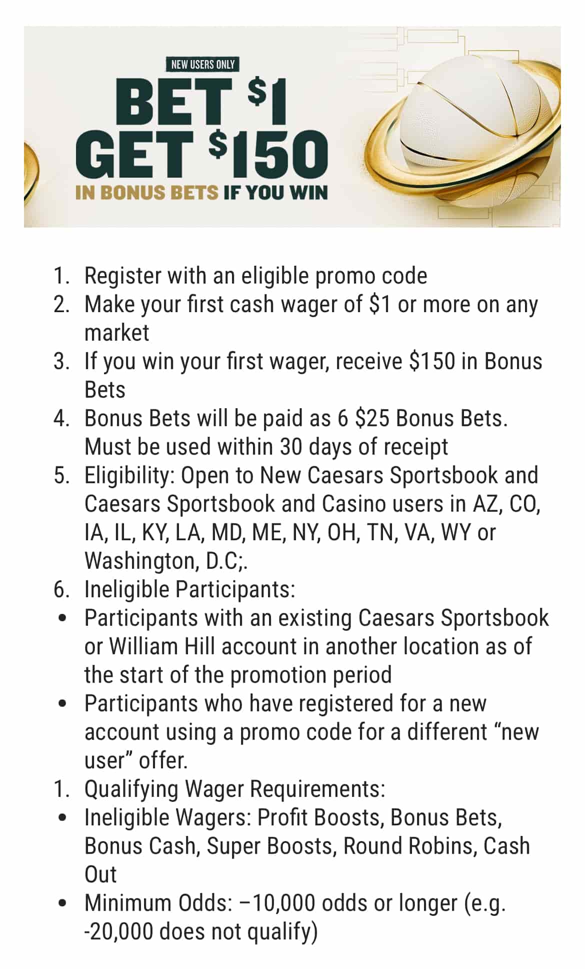 Caesars Sportsbook bet $1, get $150 offer