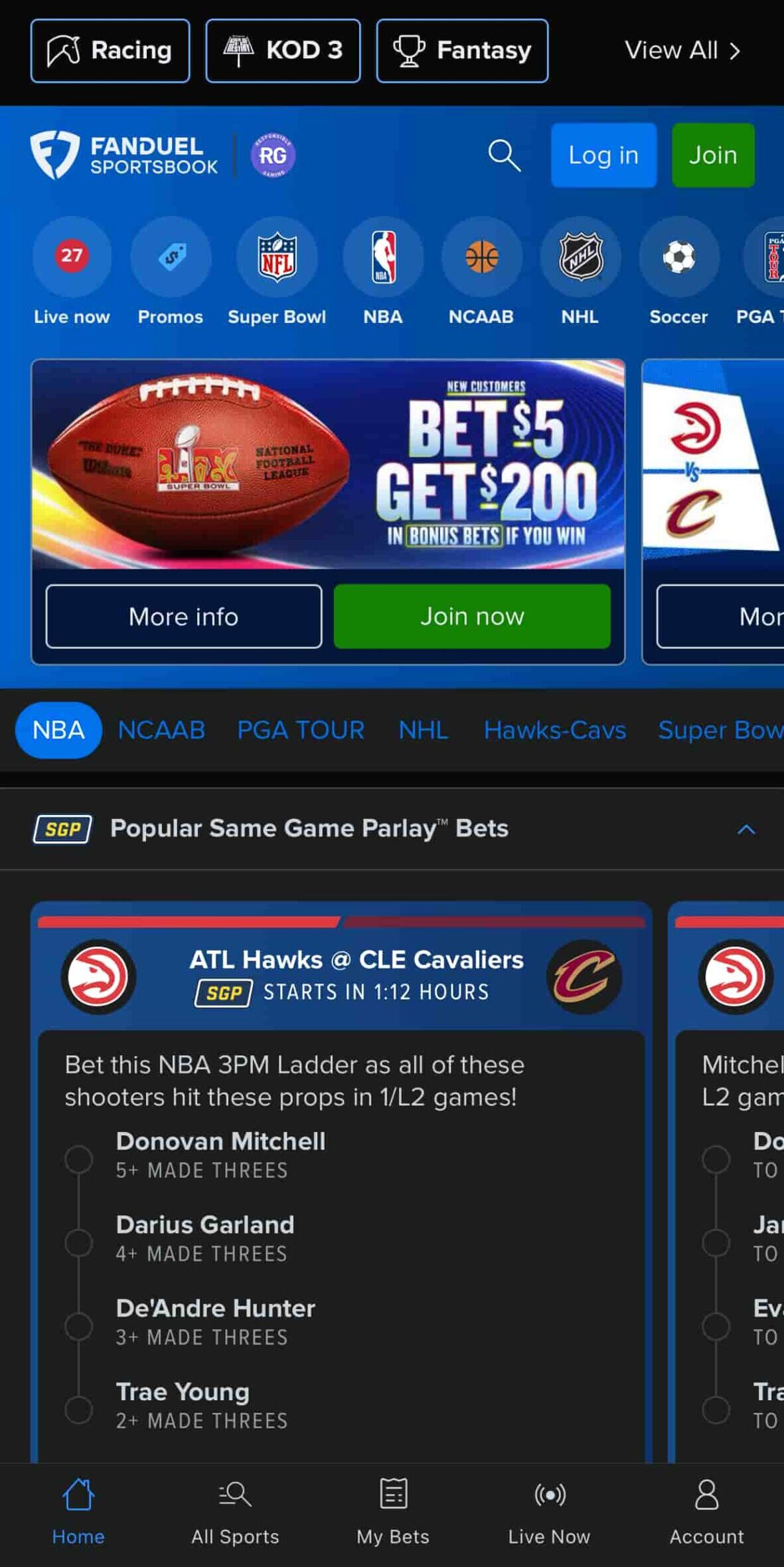 The mobile app home pages for FanDuel and DraftKings.