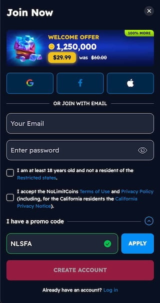 NoLimitCoins sign up and promo code field