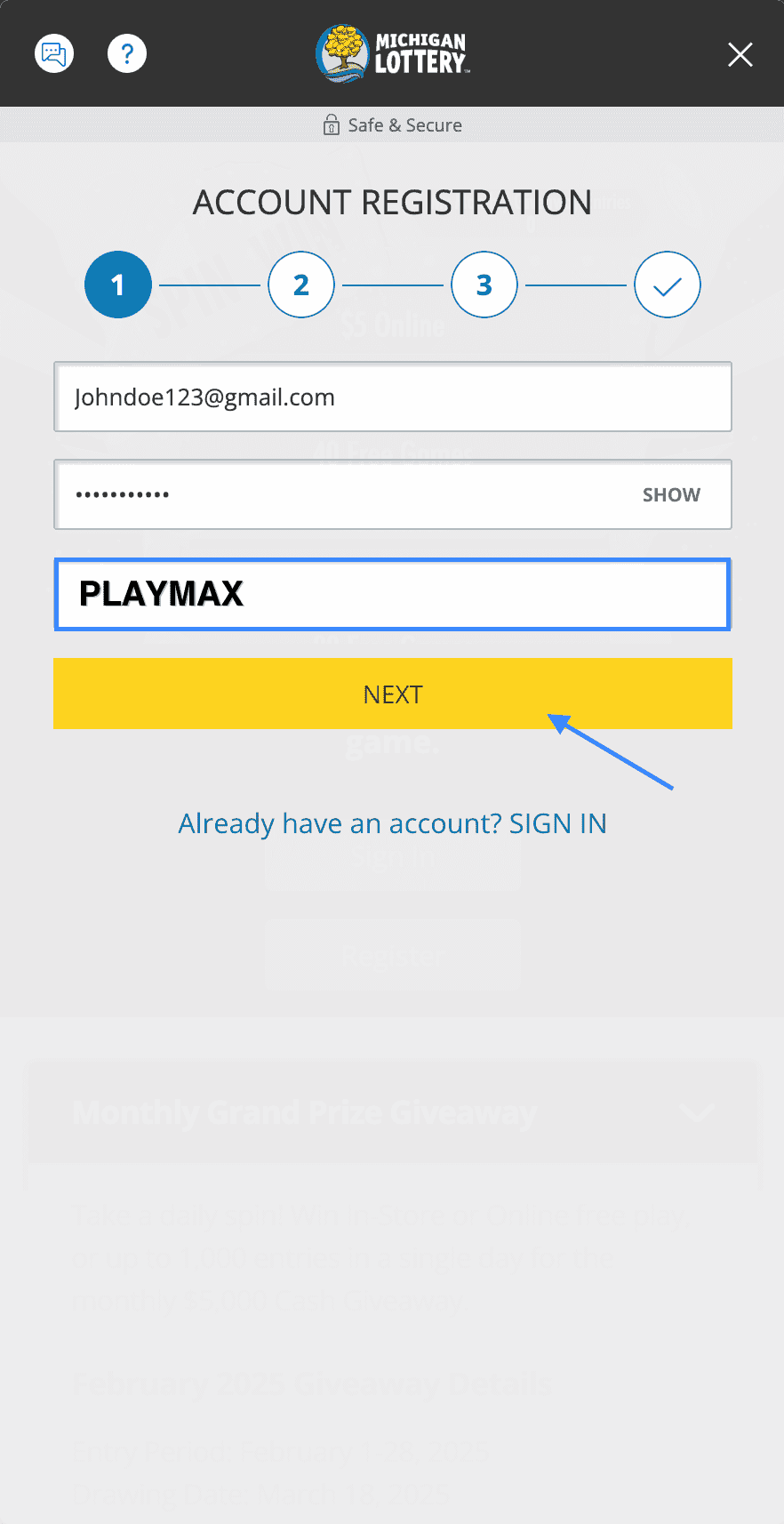 Michigan Lottery Promo Code box, enter code PLAYMAX.