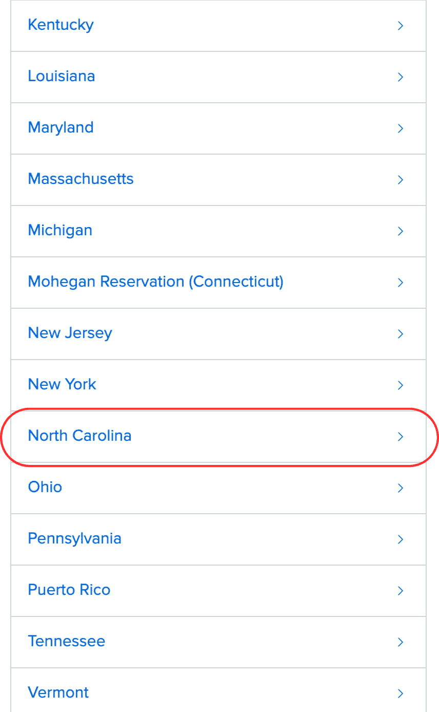 State selection screen at FanDuel