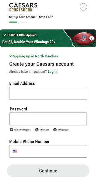 Caesars NC promo code field during sign up for a new sportsbook account.