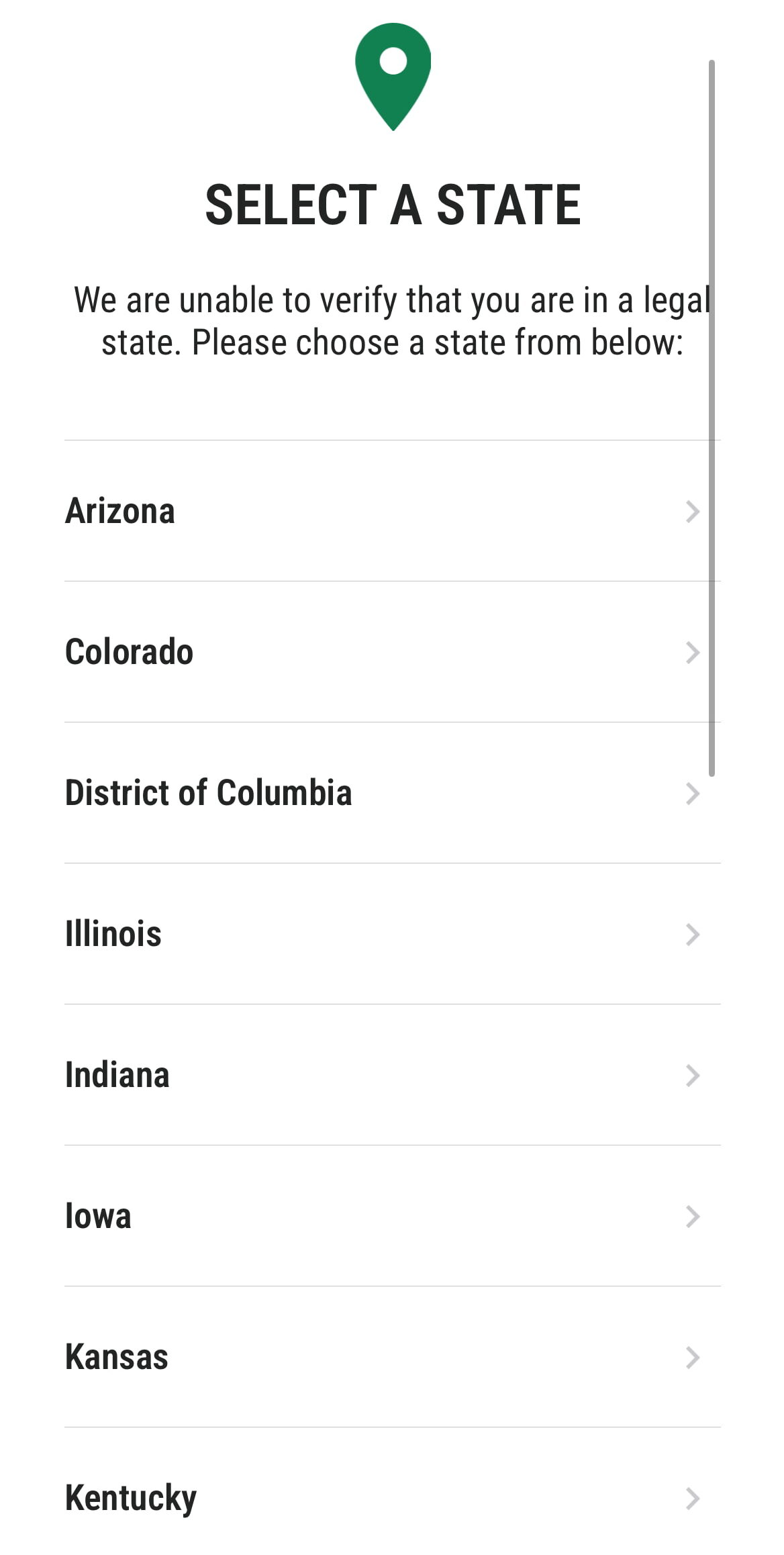 Choose your state screen at Caesars Sportsbook.