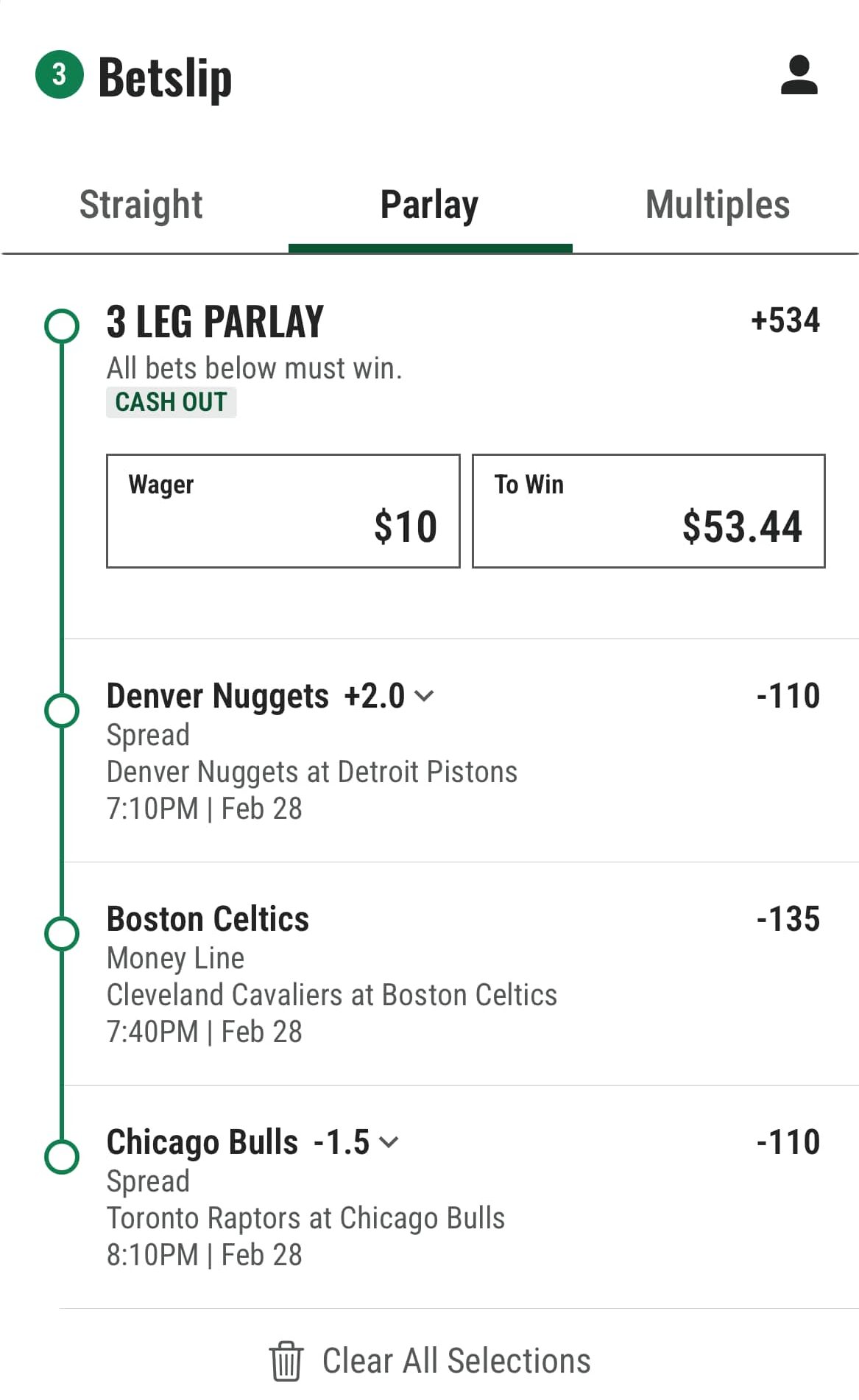 Parlay bet example in the Caesars Sportsbook App bet slip.