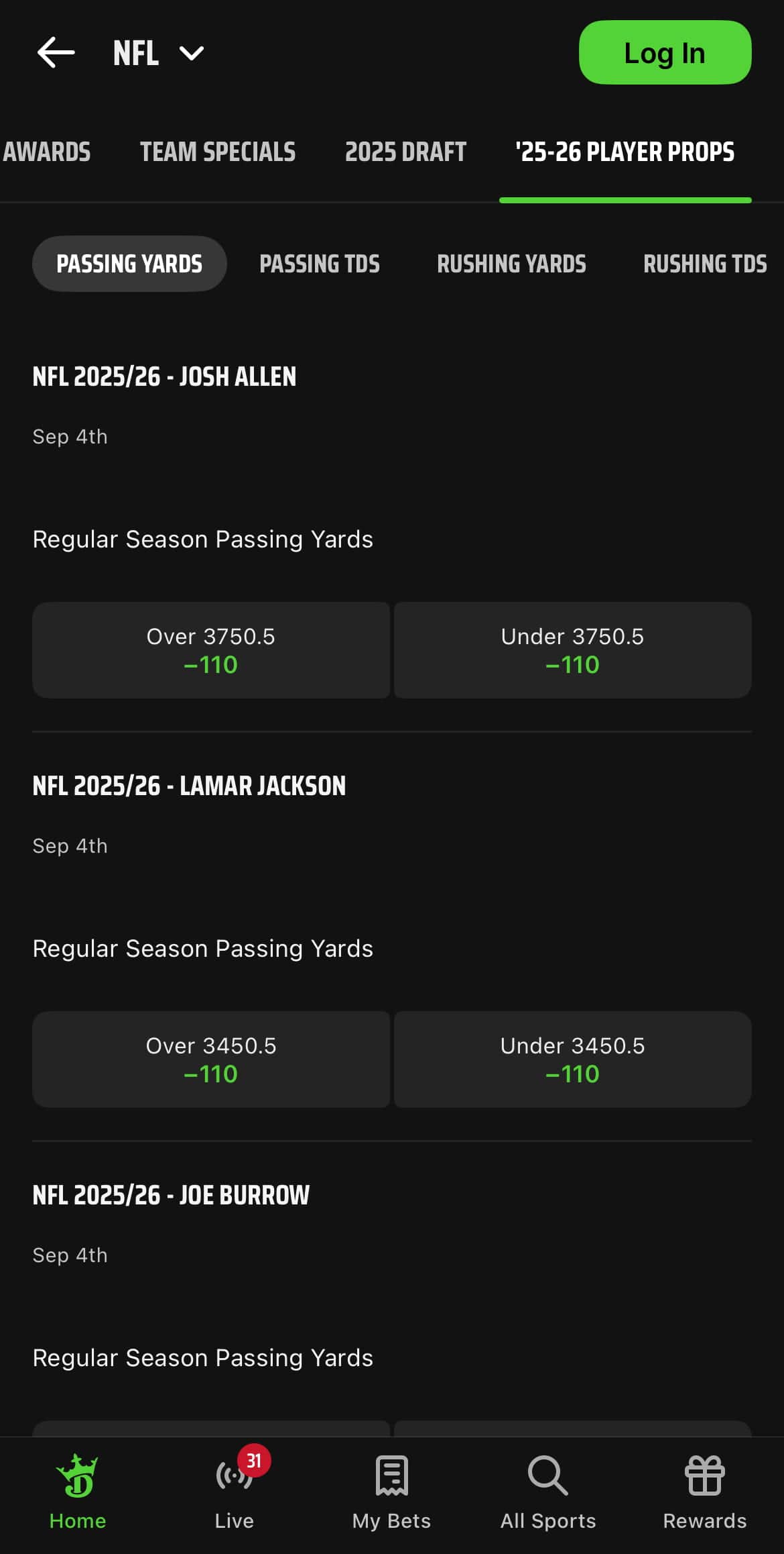 DraftKings NFL player prop markets.