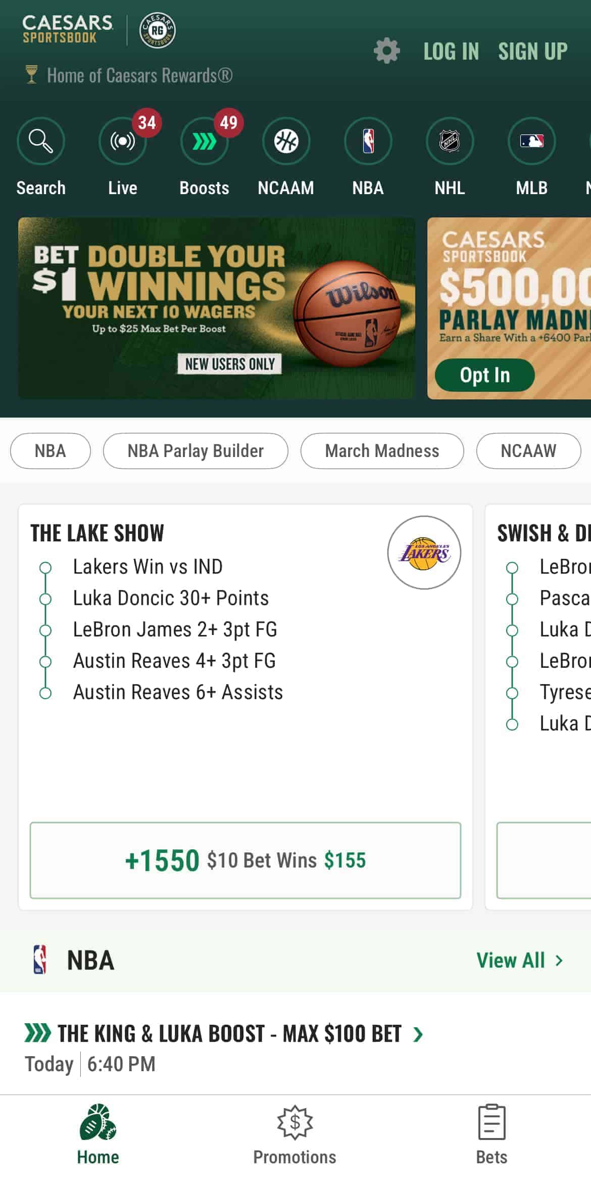 Caesars mobile app interface and sports markets