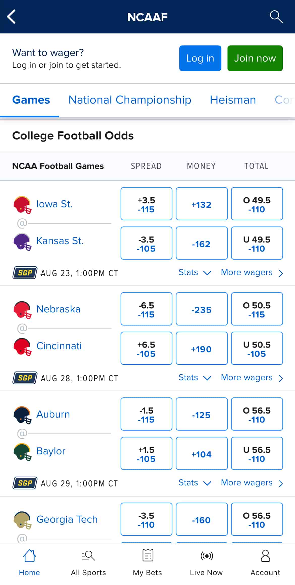 College football odds on the FanDuel App.