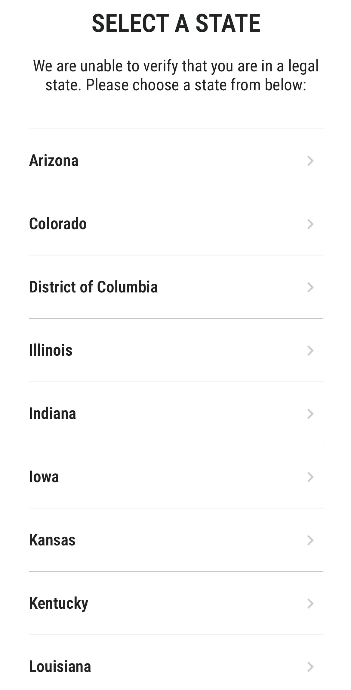 Caesars sportsbook legal states "select your state" screen