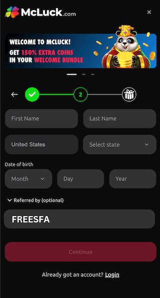McLuck casino sign up and promo code field