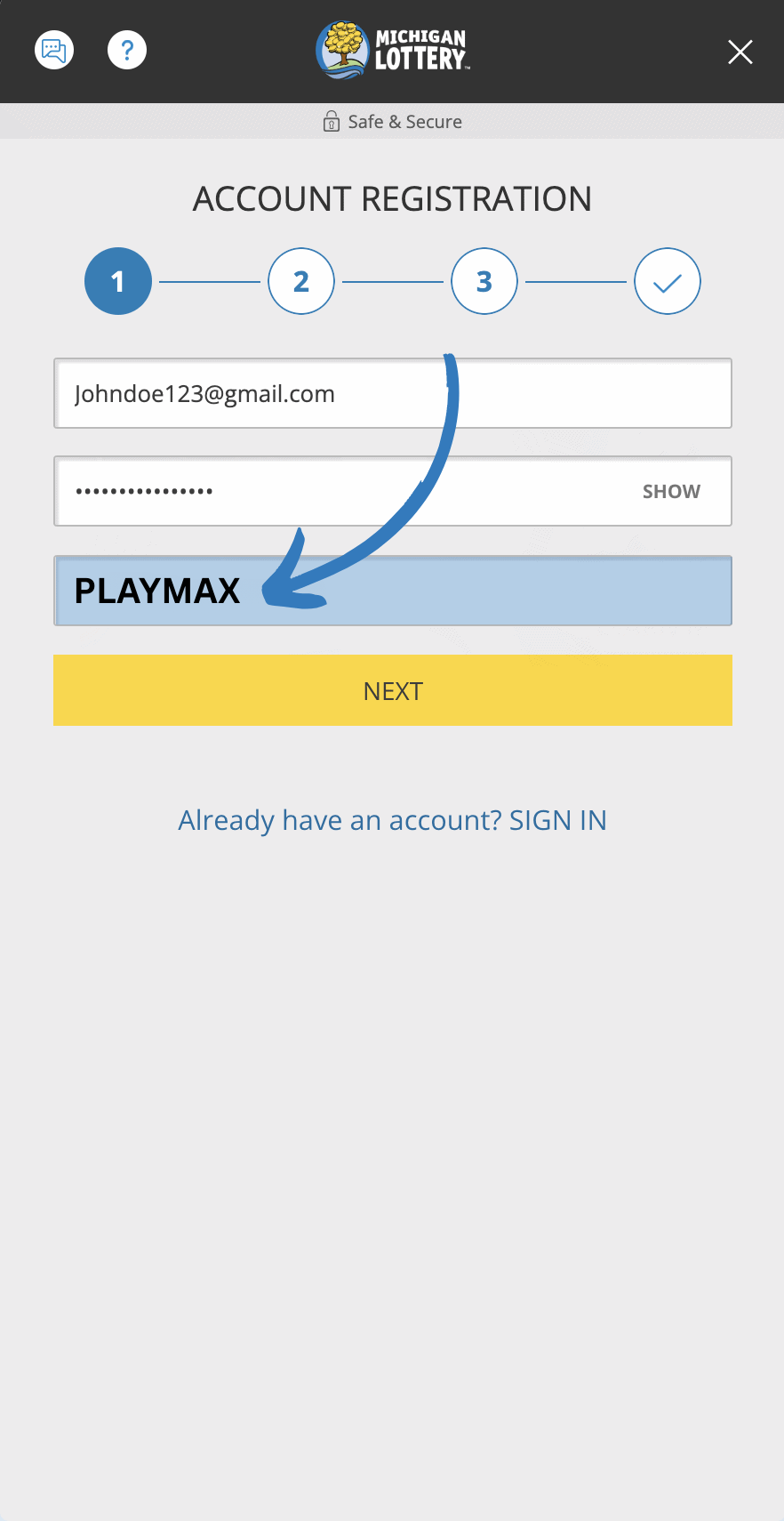 Michigan Lottery Promo Code sign up page and promo code field