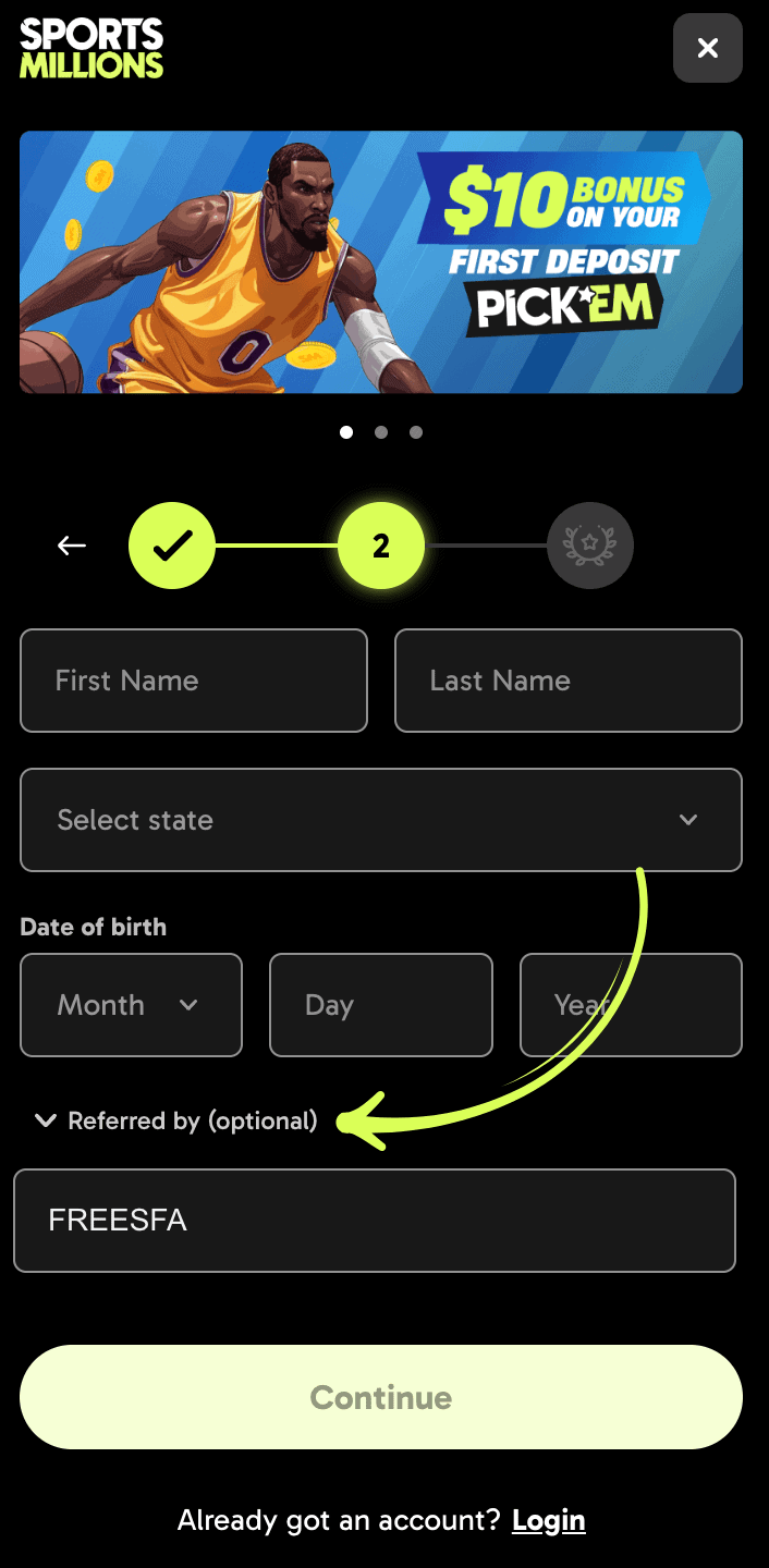 Sports Millions Referral Code Box.