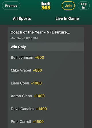 Bet365 NFL coach of the year odds
