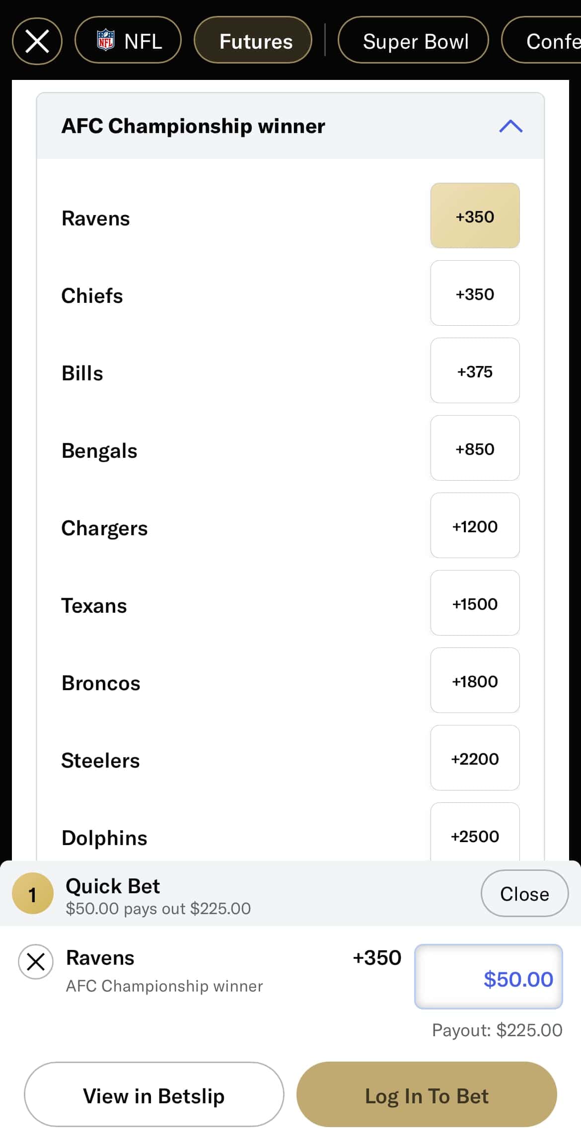 NFL futures bet at BetMGM sportsbook.