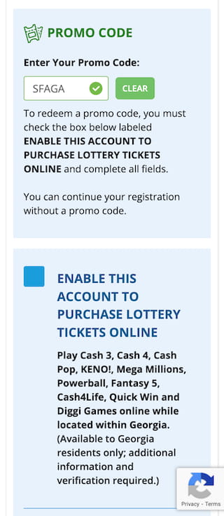 GA Lottery Promo Code field