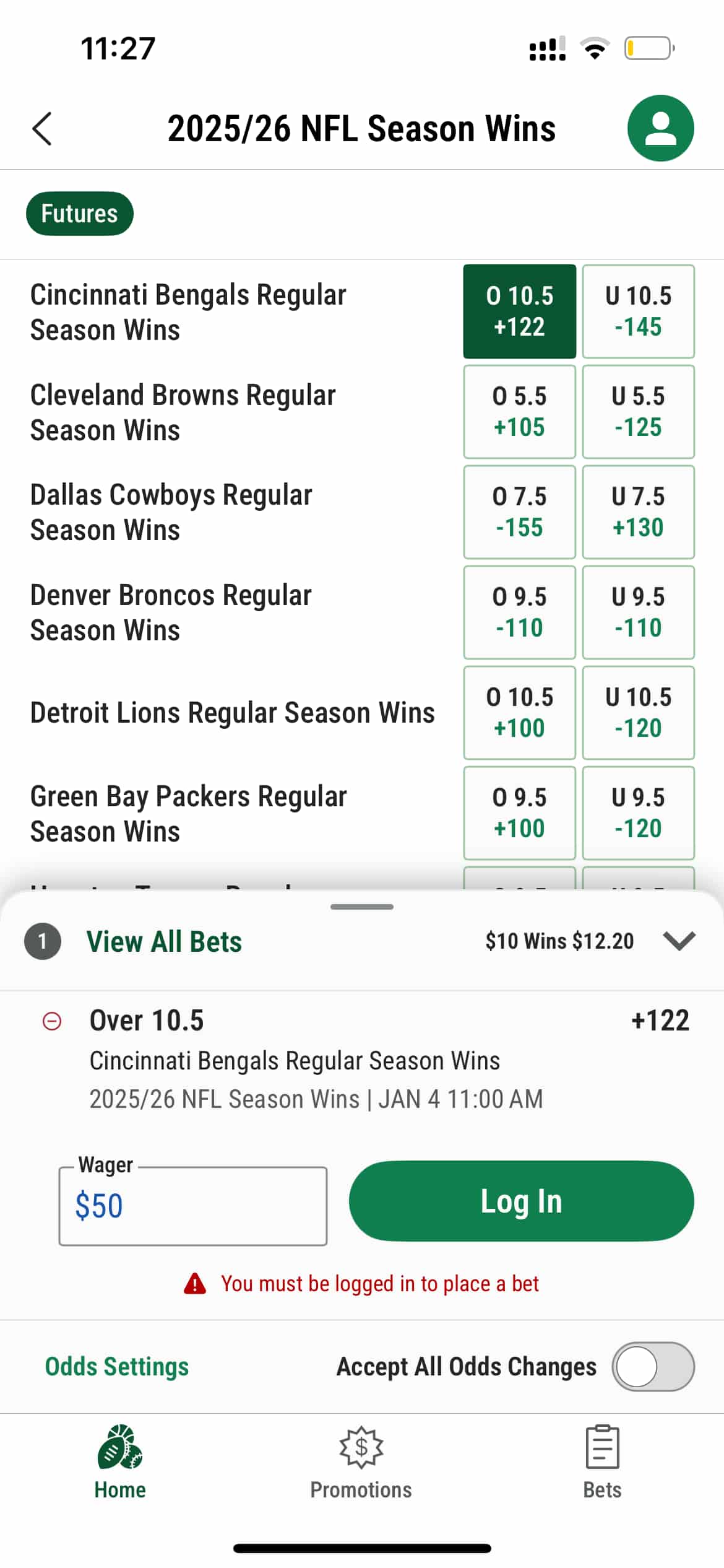 Cincinnati Bengals 2025 projected win total at Caesars Sportsbook