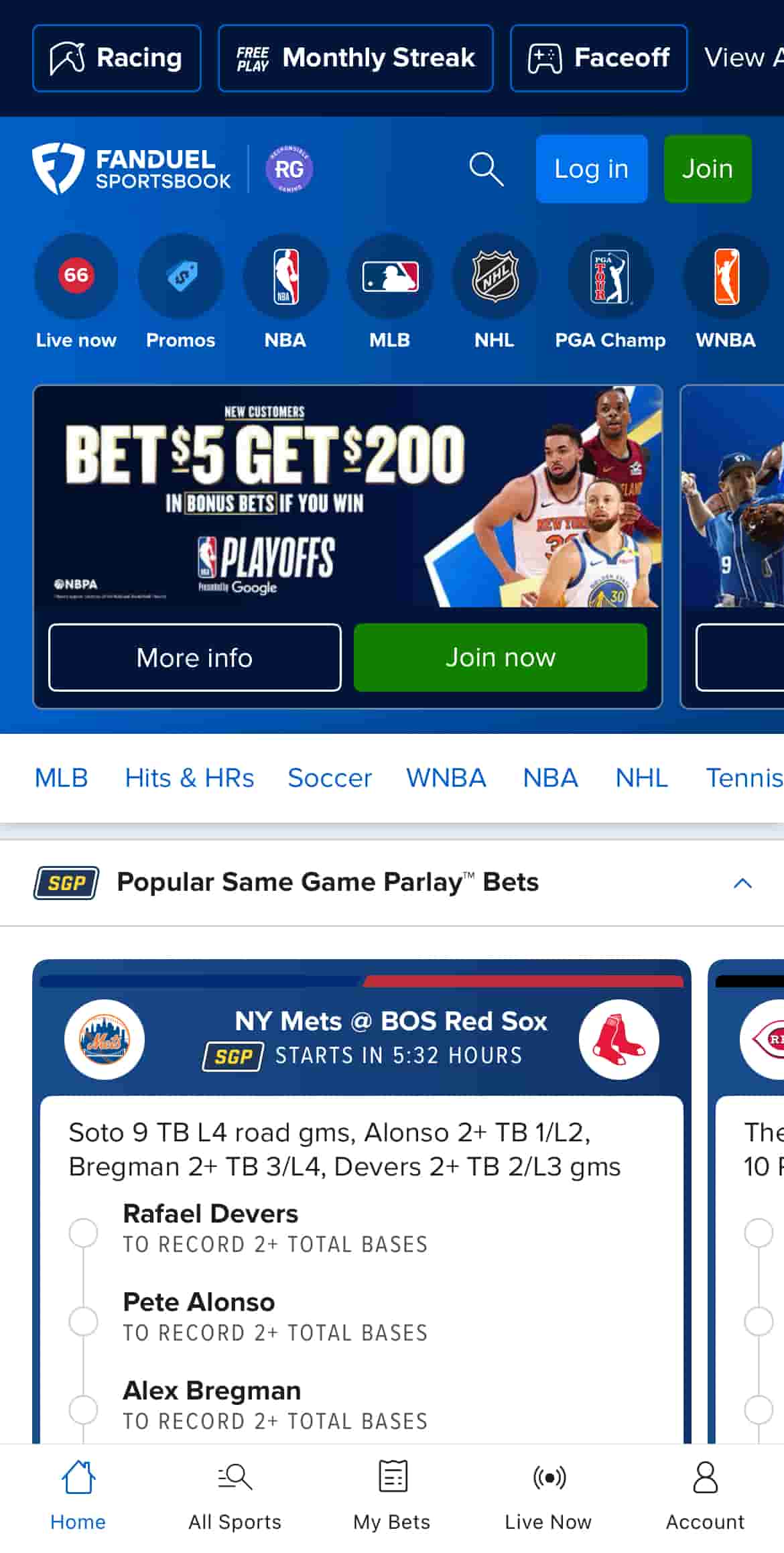 FanDuel app home screen