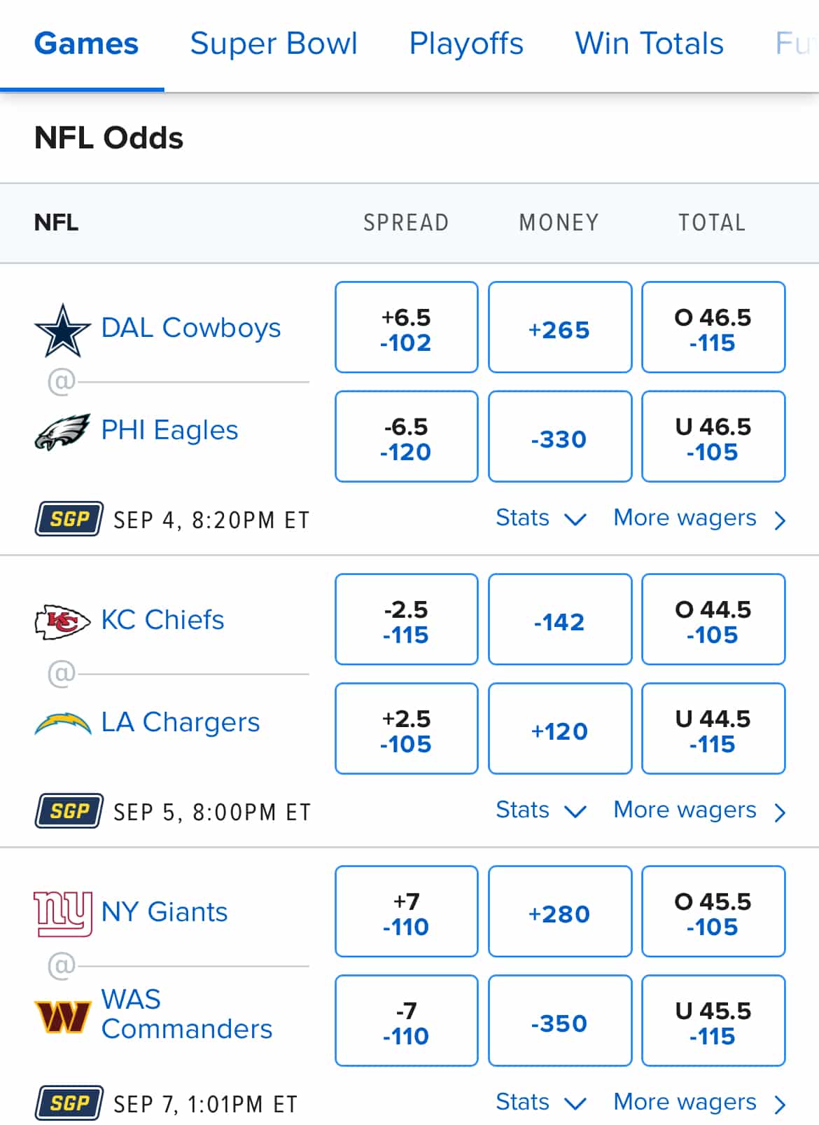 NFL lines on the FanDuel app