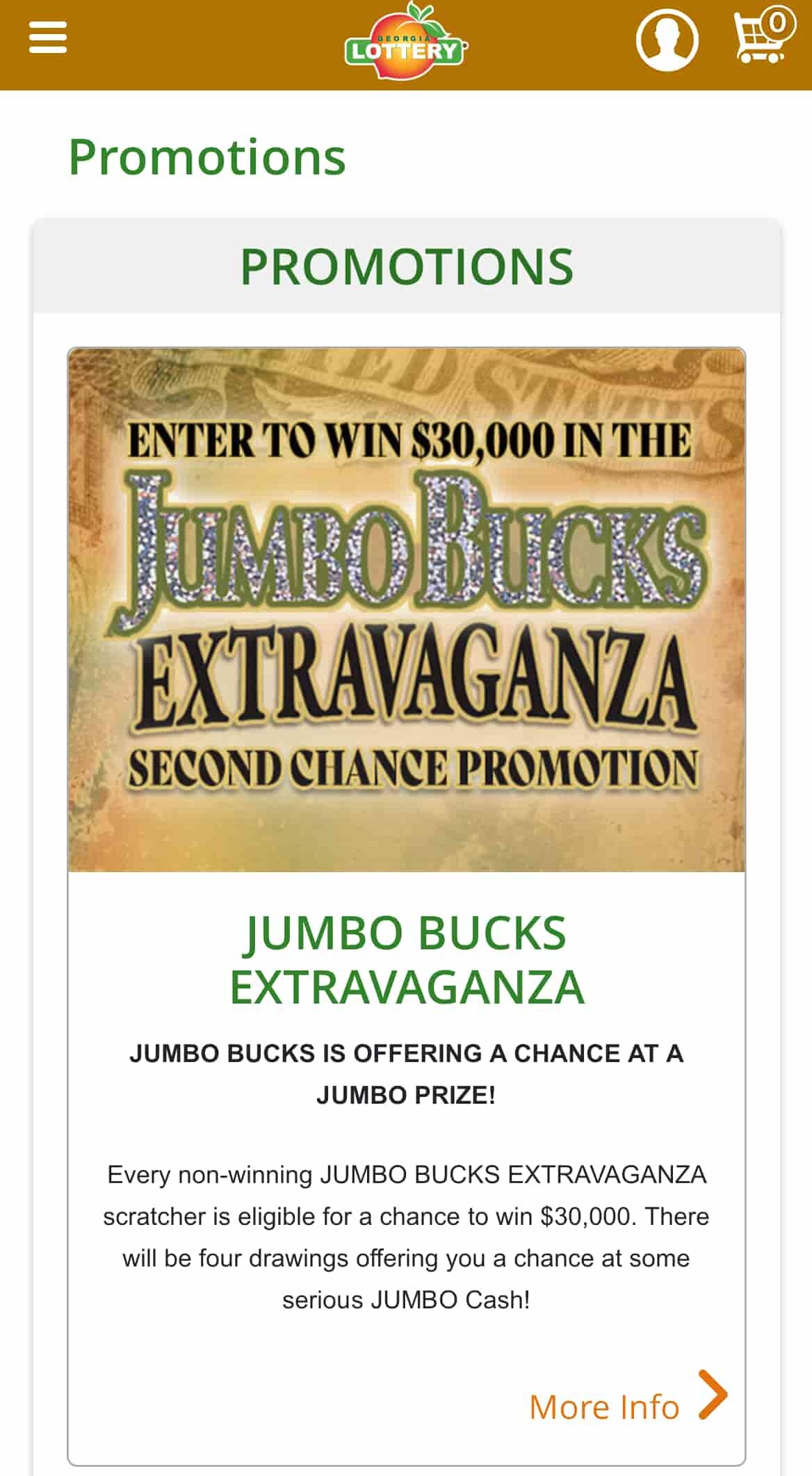 Georgia lottery second chance promo game Jumbo Bucks Extravaganza