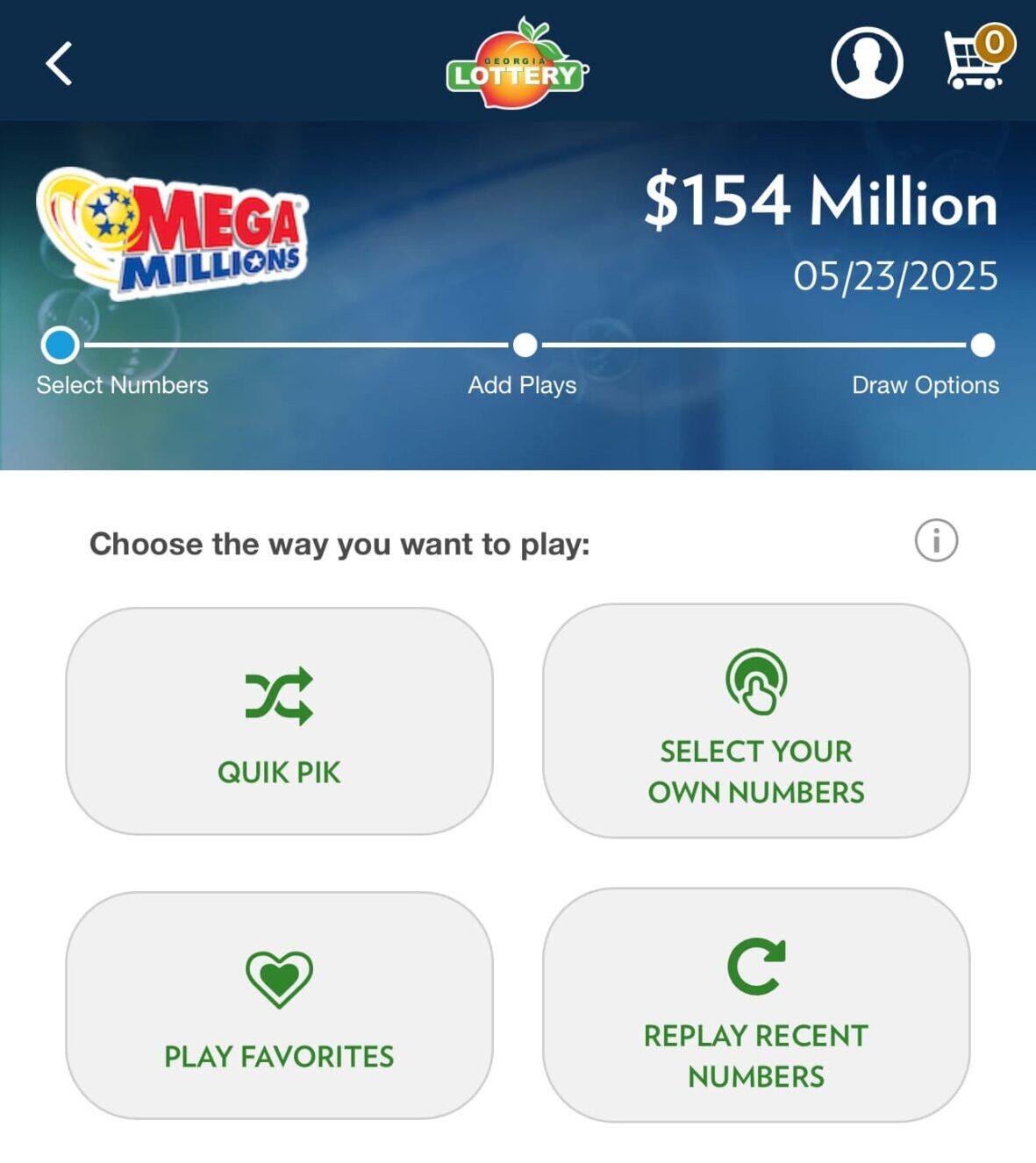 Mega Millions on the GA Lottery app.