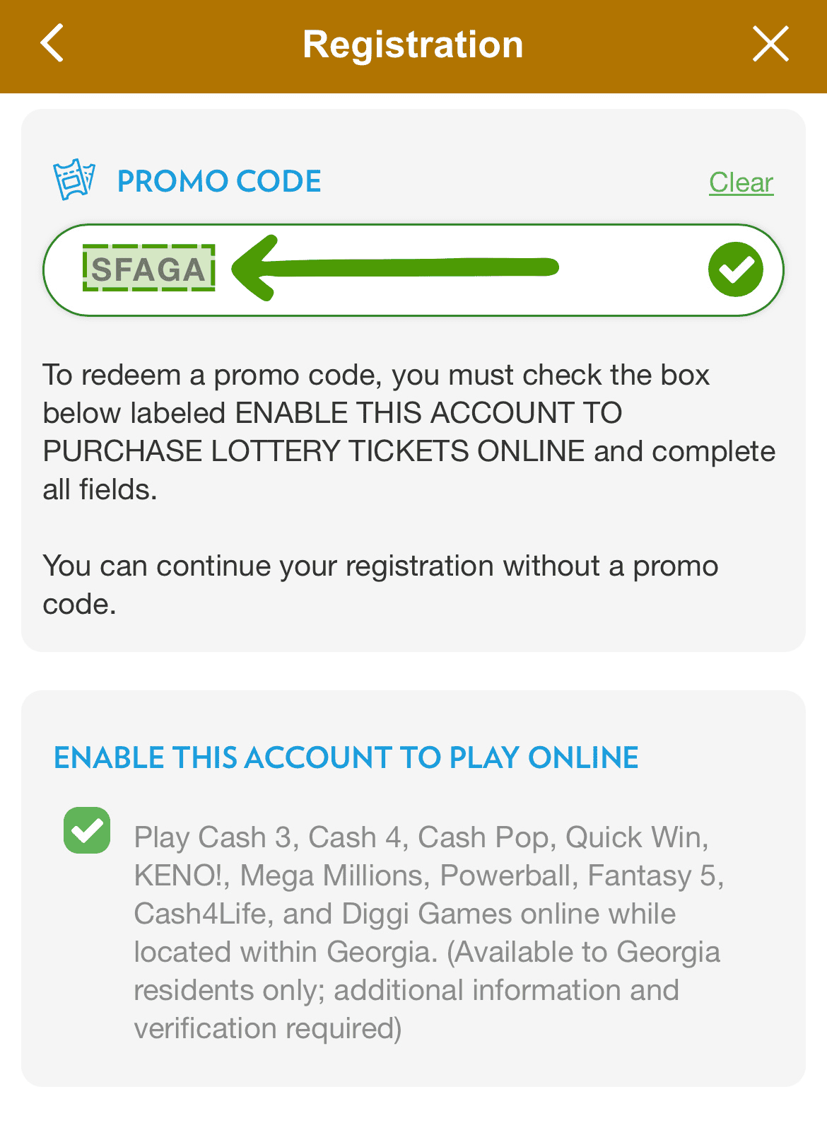 GA Lottery promo code field: how to claim the bonus at sign up.