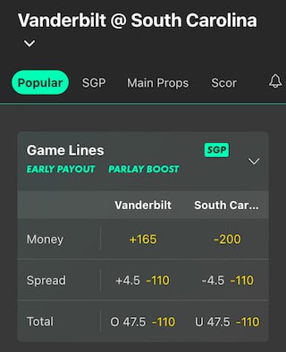 Vanderbilt vs. South Carolina odds at Bet365