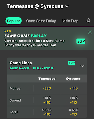 Bet365 odds for Tennessee vs. Syracuse week 1 college football game