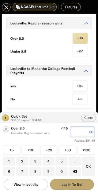 BetMGM bet example of a wager placed on the Louisville Cardinals win total