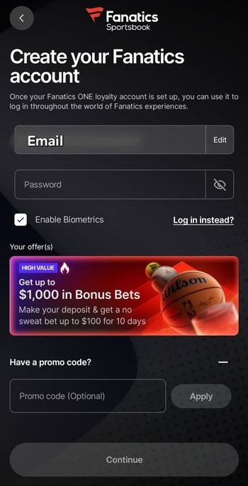 Fanatics Sportsbook sign up screen