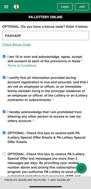 PA Lottery bonus code field. Where to enter the prom code