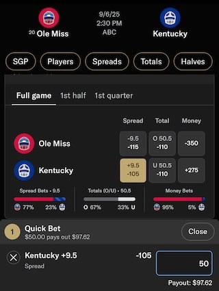 BetMGM odds for the Kentucky vs. Ole Miss college football game
