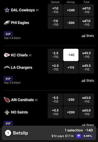 Example of a bet at Fanatics sportsbook
