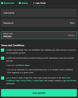 Bet365 sign up and promo code field