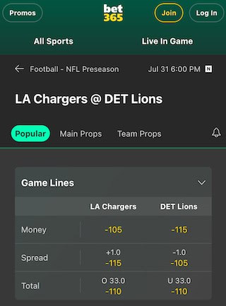 LA Chargers vs. Detroit Lions in the NFL Hall of Fame Game. Odds and line at Bet365