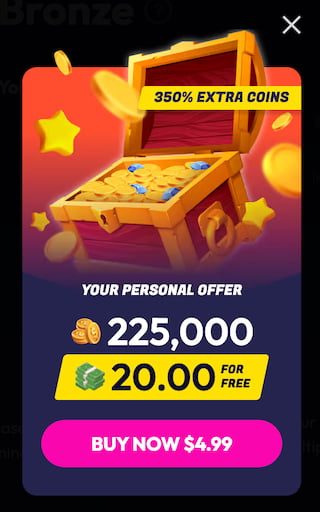 Funrize casino promo for a first purchase discount (350% extra coins).