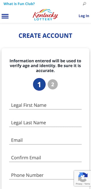 Kentucky Lottery sign up screen