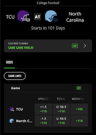 TCU vs. North Carolina week 1 college football line & odds at DraftKings