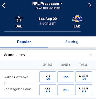 Cowboys vs. Rams NFL Preseason week 1 odds at FanDuel