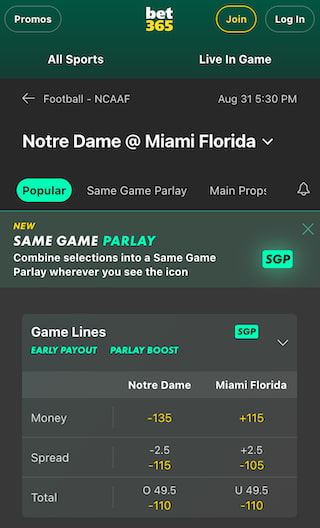 Miami vs. Notre Dame college football Week 1 odds at Bet365