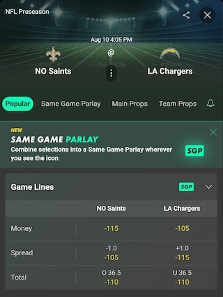 Saints vs. Chargers NFL preseason odds at Bet365