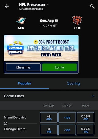Dolphins vs. Bears NFL preseason odds at FanDuel