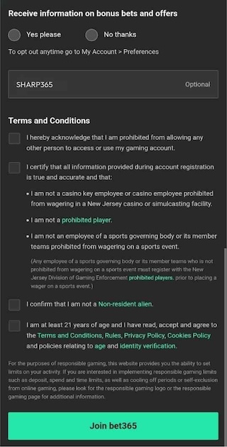 Where to enter the Bet365 bonus code field signing up in Kansas