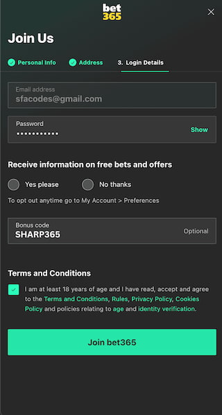 Bet365 bonus code NC field during sign up