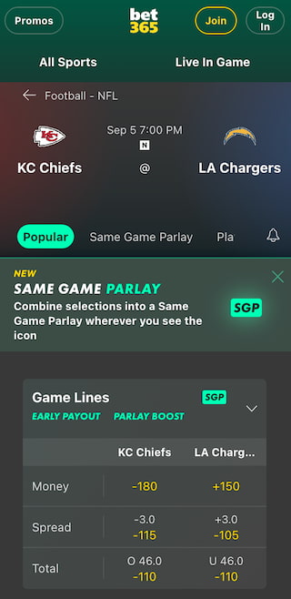 The Kansas City Chiefs vs. LA Chargers NFL Week 1 odds at Bet365 Sportsbook