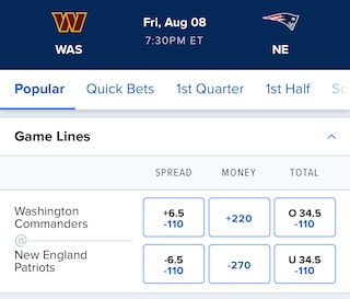 Washington Commanders vs. New England Patriots Week 1 NFL Preseason game line at FanDuel