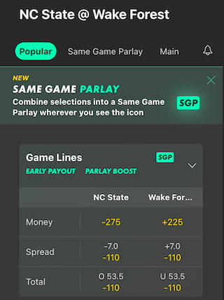 Bet365 odds for NC State vs. Wake Forest college football game