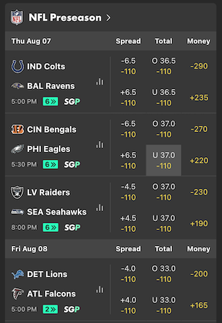 NFL Preseason week 1 odds at bet365