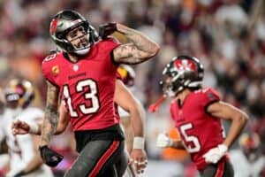 Explosion celebration of Tampa Bay Buccaneers player after scoring touchdown.