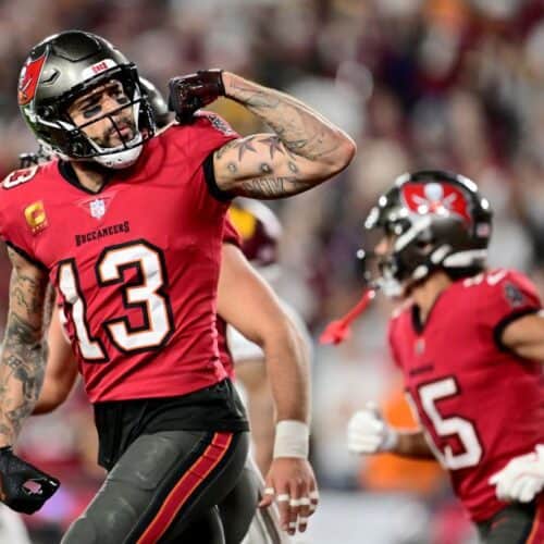 Explosion celebration of Tampa Bay Buccaneers player after scoring touchdown.