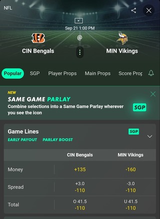 Bet365 Odds for Bengals vs. Vikings
