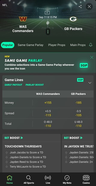 Bet365 odds for Commanders vs. Packers